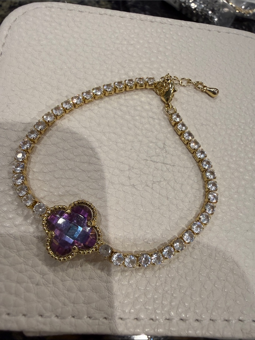 Gold-Filled Tennis Bracelet with Purple Glass Clover Accent